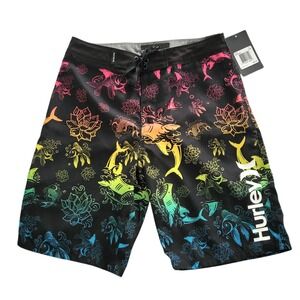 New Hurley Board Shorts Boys 12 / 26 Beach Shark Summer Swim Bottoms Neon Nwt